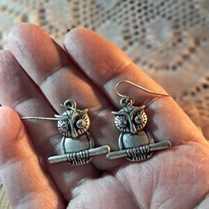 Sparkly Silvertone Owl Earrings w/ Clear Eyes
